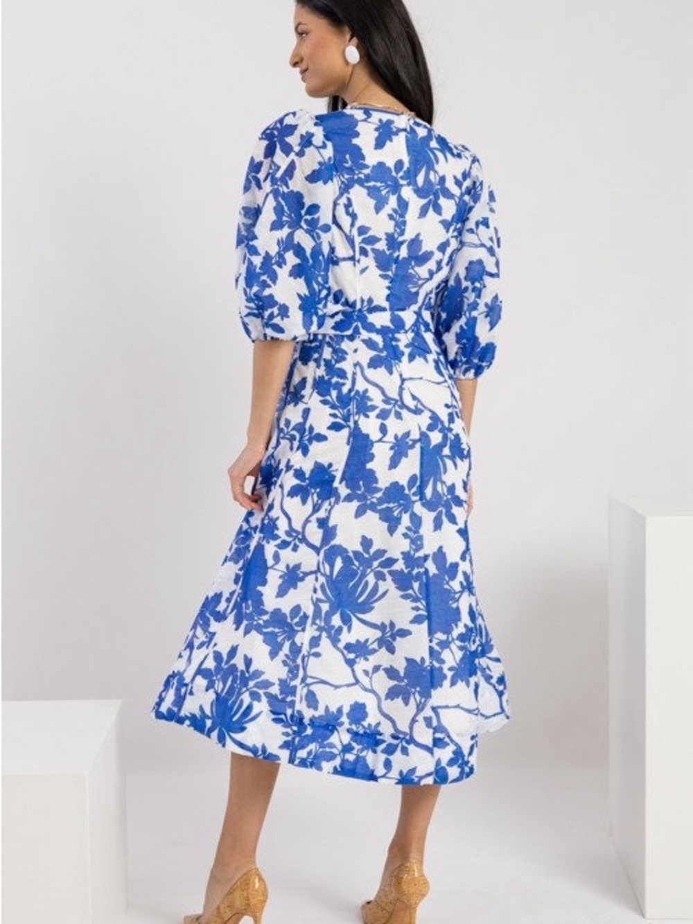 NWT Blue Floral V-Neck Midi Dress with Belt - Picture 4 of 7
